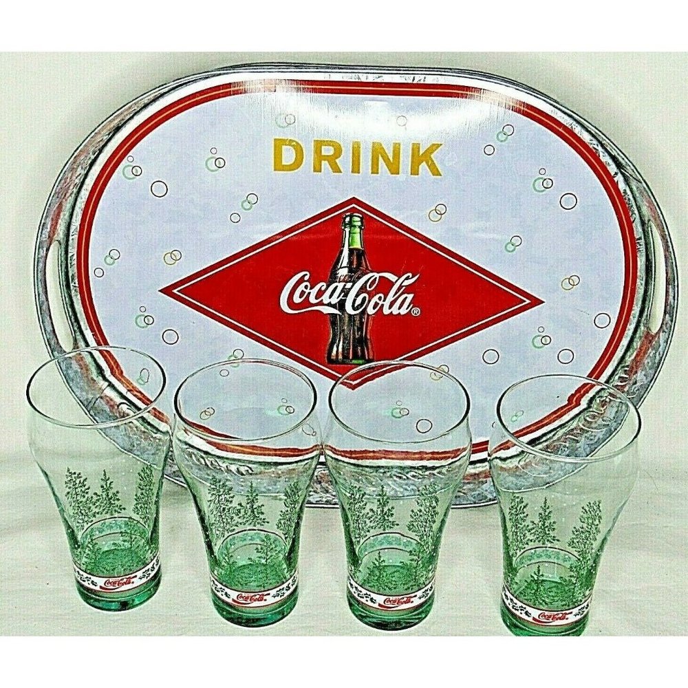 Coca Cola Libbey Christmas Glasses Galvanized Tray Steel Trees Holly Set of 4